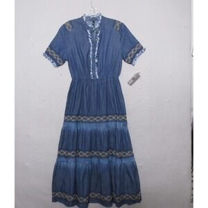 Lapis Dress Chambray Embroidered Tiered Midi Boho Western Cottage Peasant NWT